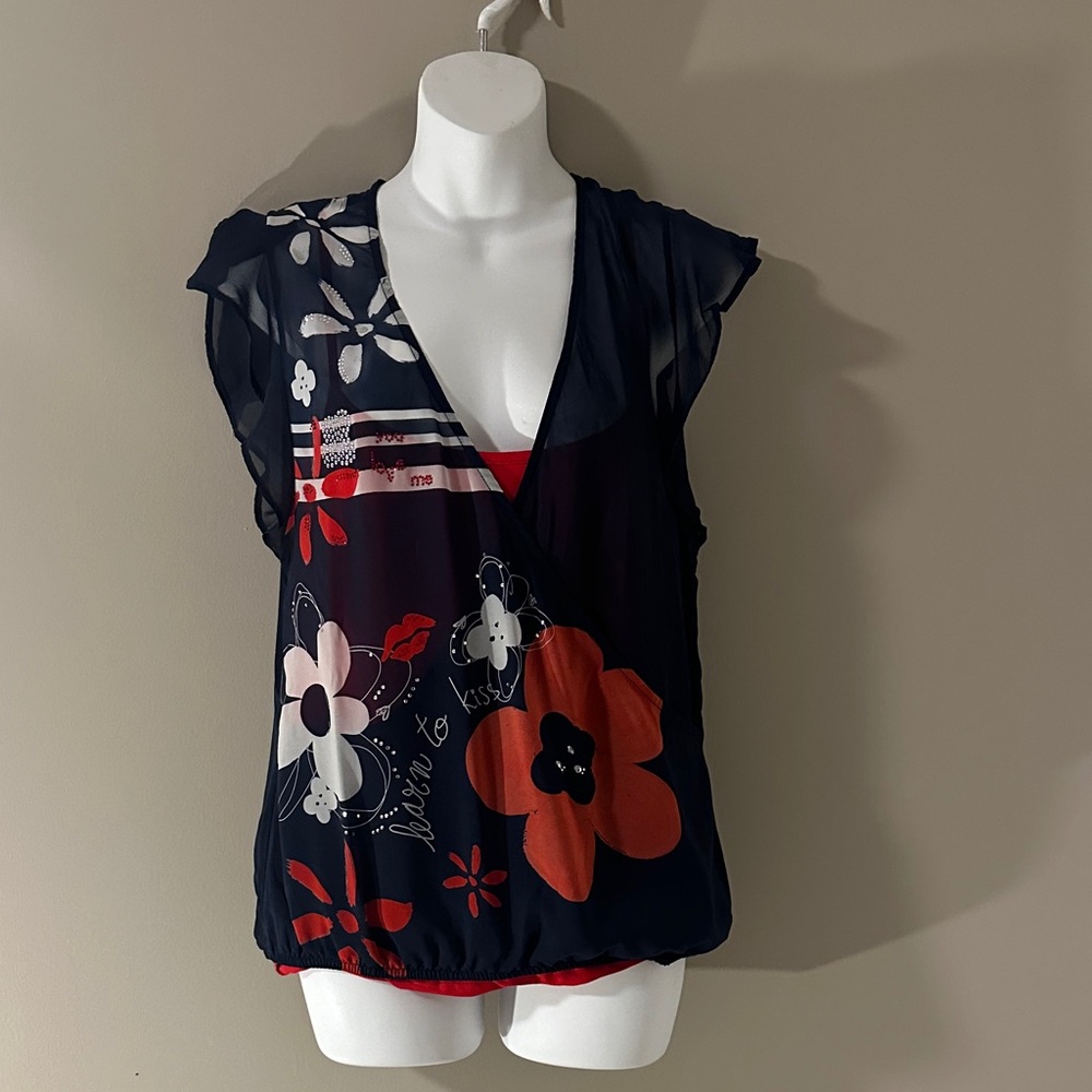 Desigual Floral V-Neck Blouse - Black and Red
